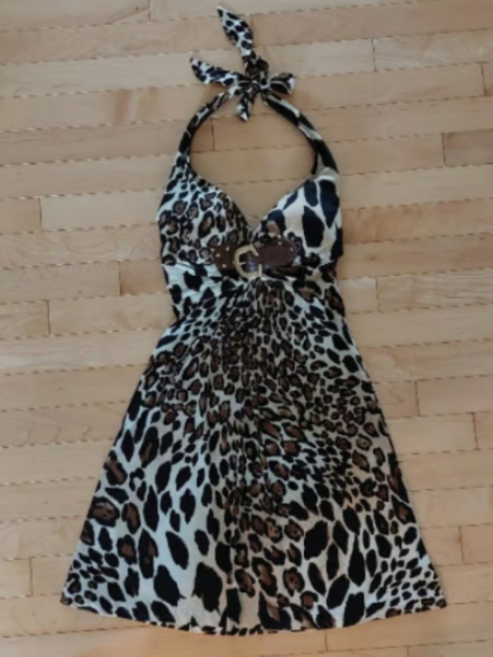 VINTAGE Y2K! Cache Leopard Print Halter Empire Mini Dress XS